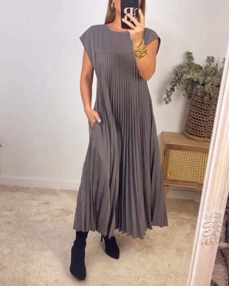 Vestido plissado simples de cor sólida sem mangas