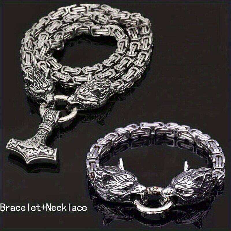 NordyckoTM |. Colar de cabeça de lobo estilo viking nórdico com martelo