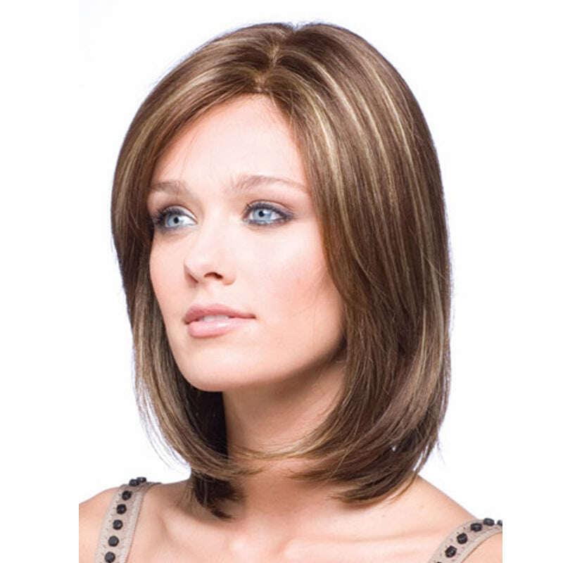 Medium length brown wig with highlights and side bangs