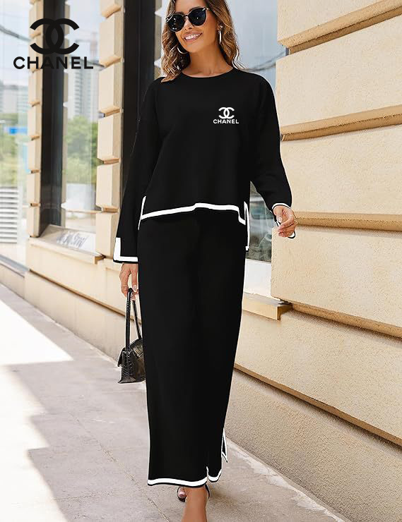 2024 Chanel novo conjunto de 2 peças de malha feminina casual de manga comprida
