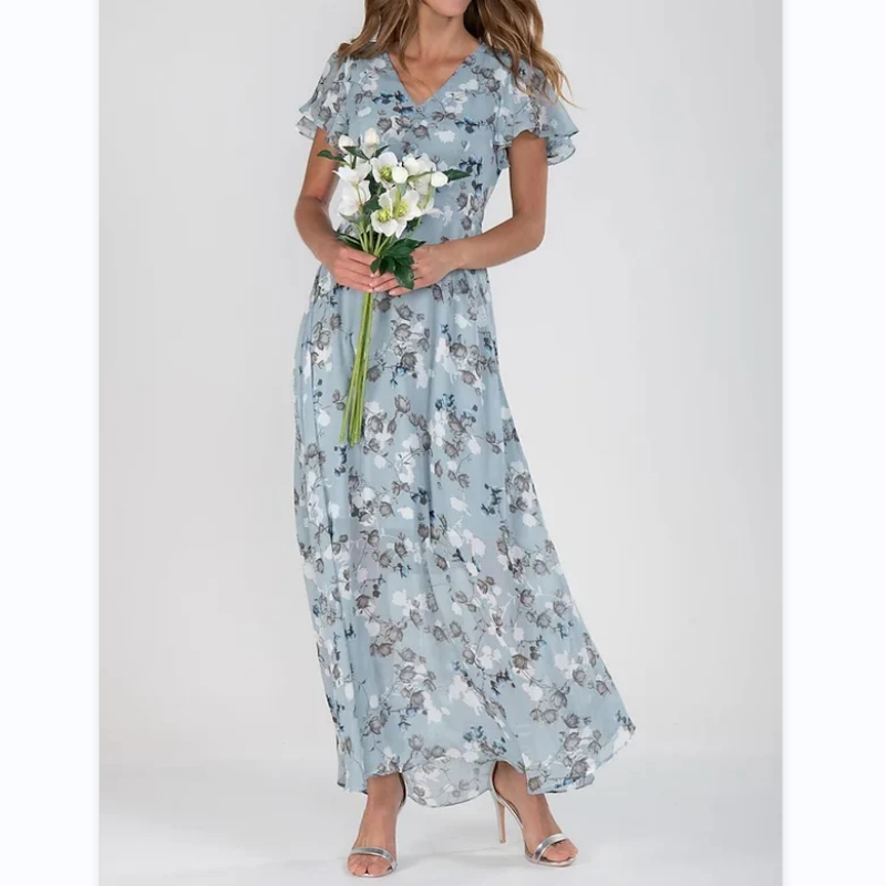 💐 Vestido longo Leight com estampa floral e mangas curtas
