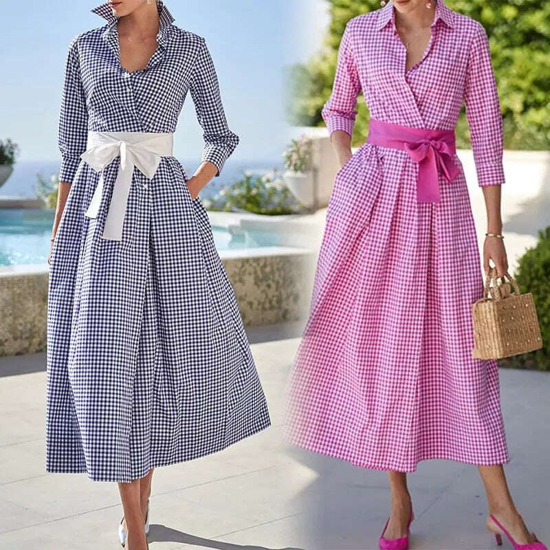 Мода 2022 кариран памук ленена рокля висока талия памук рокля с ревера