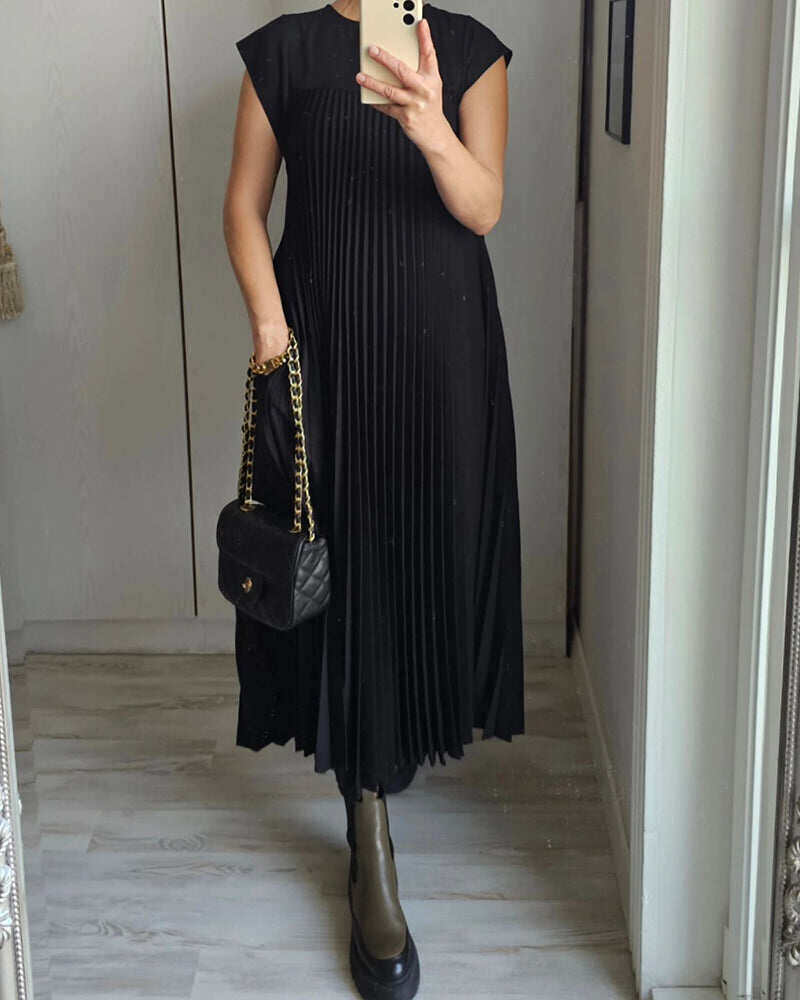 Vestido plissado simples de cor sólida sem mangas