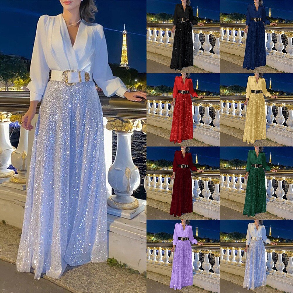 2024 vestidos femininos primavera outono premium decote em v manga comprida elegante cintura lantejoulas vestido francês