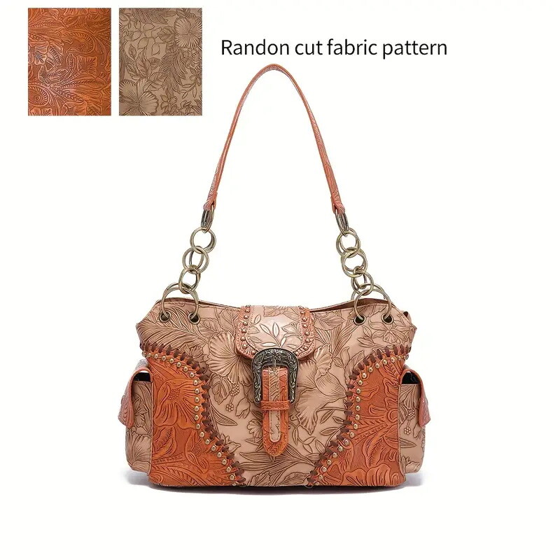Vintage Flower Embossed Handbag, Punk Style Tote Bag, Y2K Chain Shoulder Bag For Women