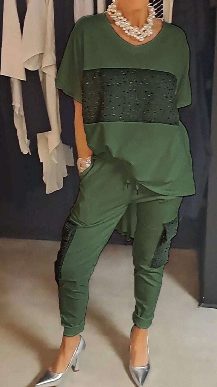 Vestido de duas peças com gola redonda e lantejoulas para lazer