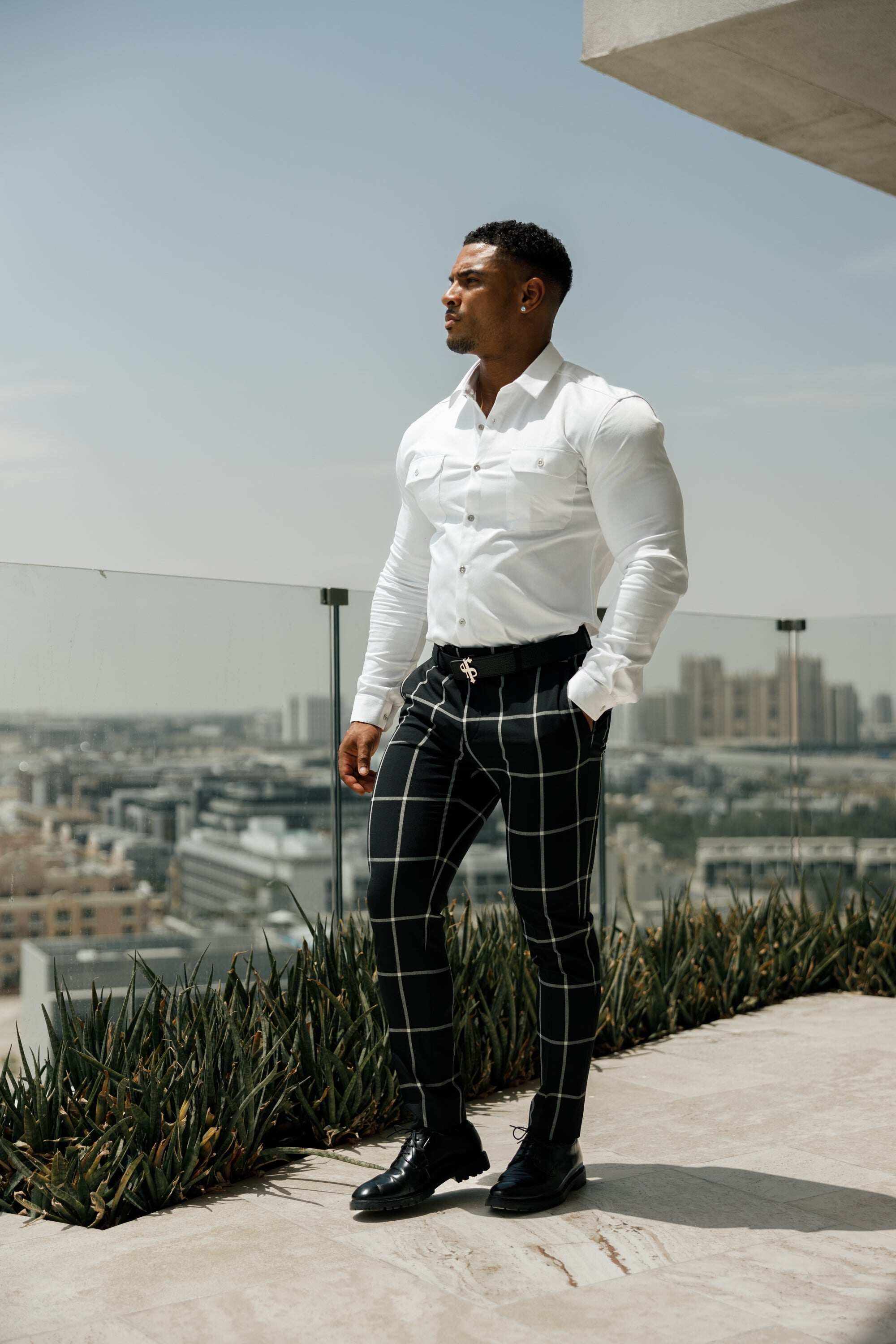 Father Sons Slim Formal Black and Ecru Large Check Stretch Trousers - FST015