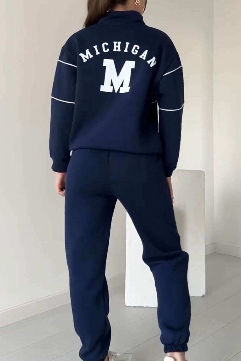 Conjunto feminino casual de duas peças com letra M e manga comprida