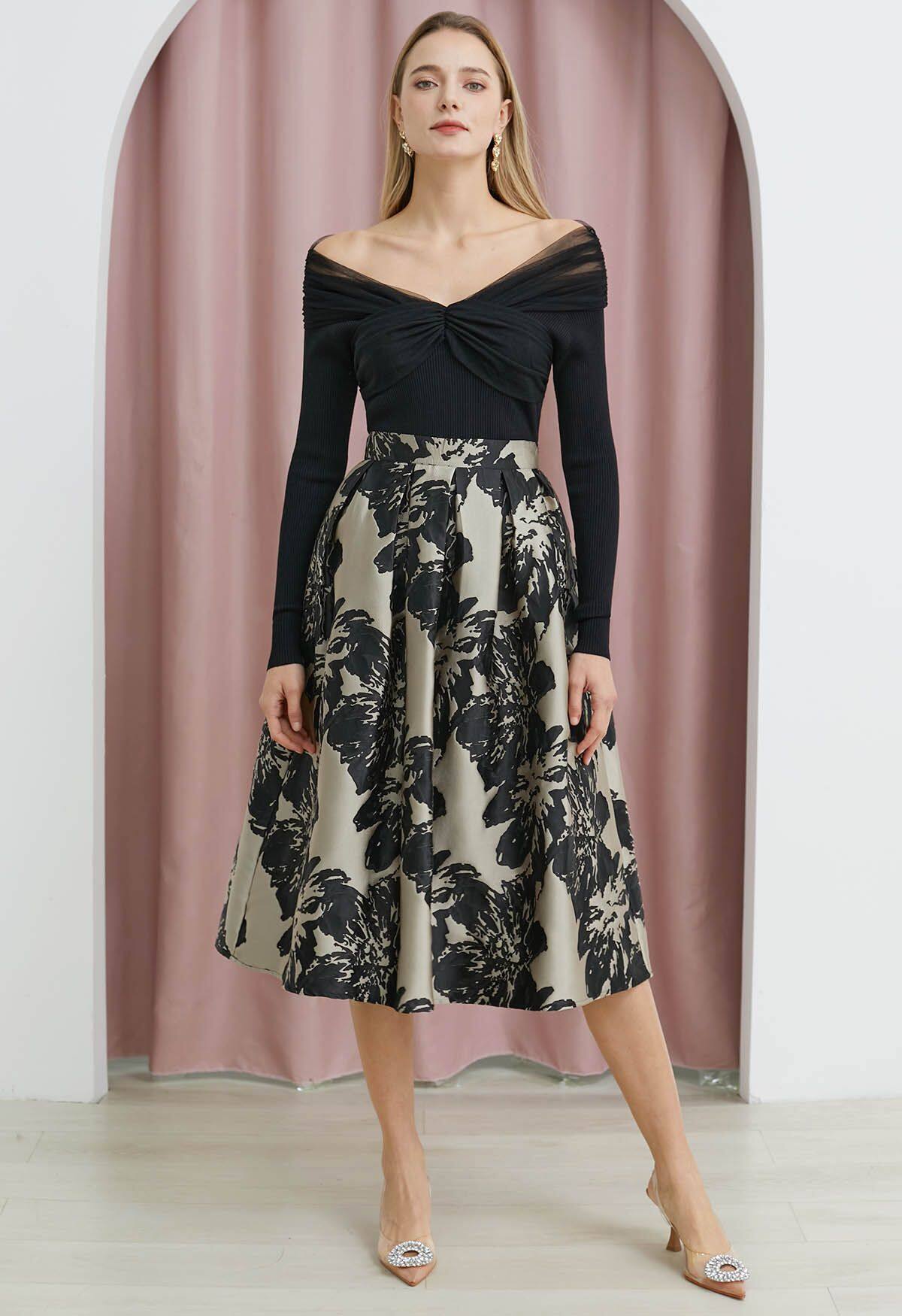 Top preto de malha com retalhos de malha sem ombros preto + conjunto de saia de comprimento médio de malha dupla camada 3D POSY