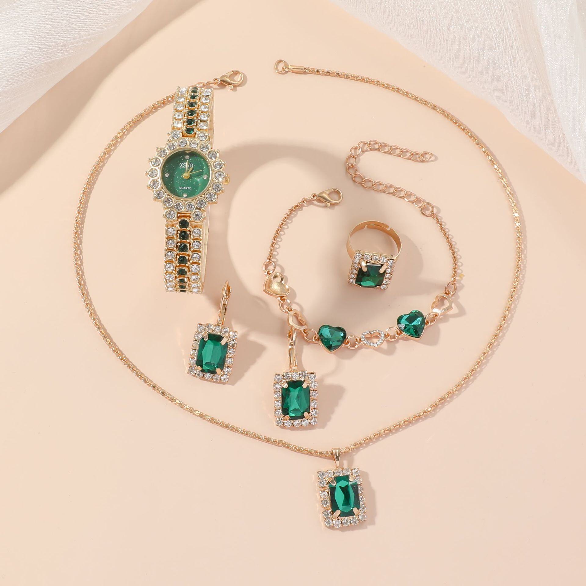 Conjunto de relógio feminino de quartzo, conjunto de brincos, colar de strass