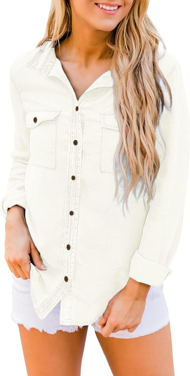 luvamia farmer ing Női Chambray Jean Western Shirts Hosszú ujjú gombos felsők