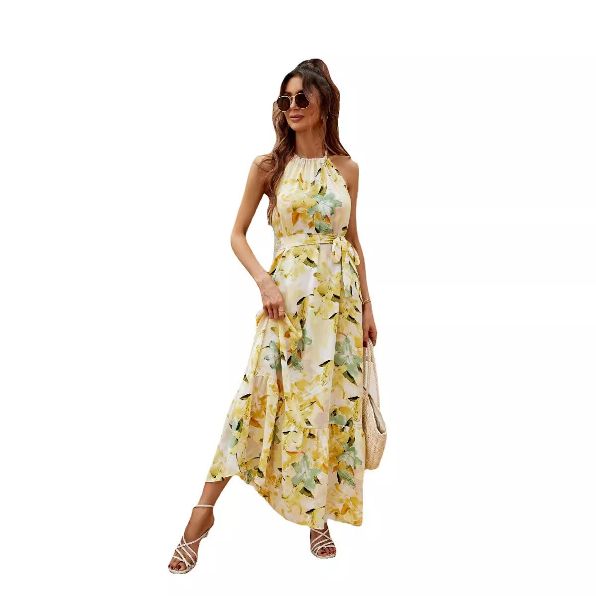 2024 novo estilo francês vestido com decote redondo