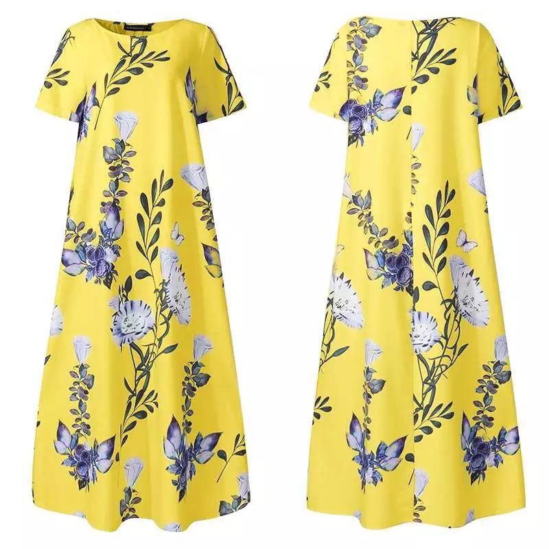 Saia longa multi-tamanho feminino verão em torno do pescoço manga curta impresso vestido de bolso evasê