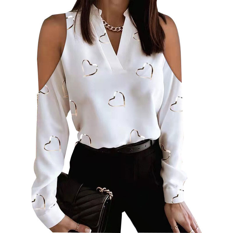 Cetim de seda camisas estampadas de mangas compridas e ombros de fora para primavera e verão