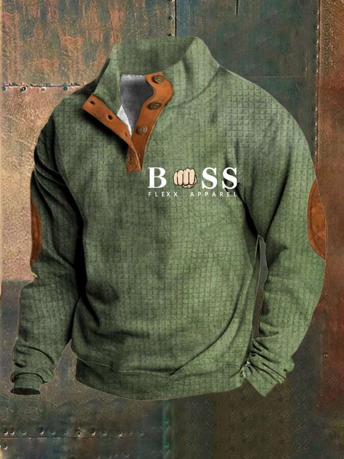 Sweatshirt de homem com estampado de letras vintage com colarinho e botão de verificação