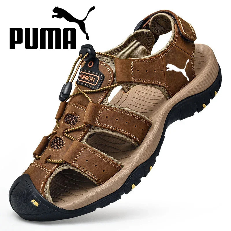 Sandálias PUMA® em pele de bezerro costuradas à mão