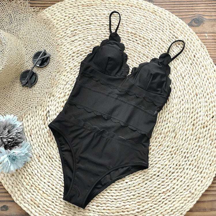 2025 New Mesh Splice Black One Piece Swimsuit Set
