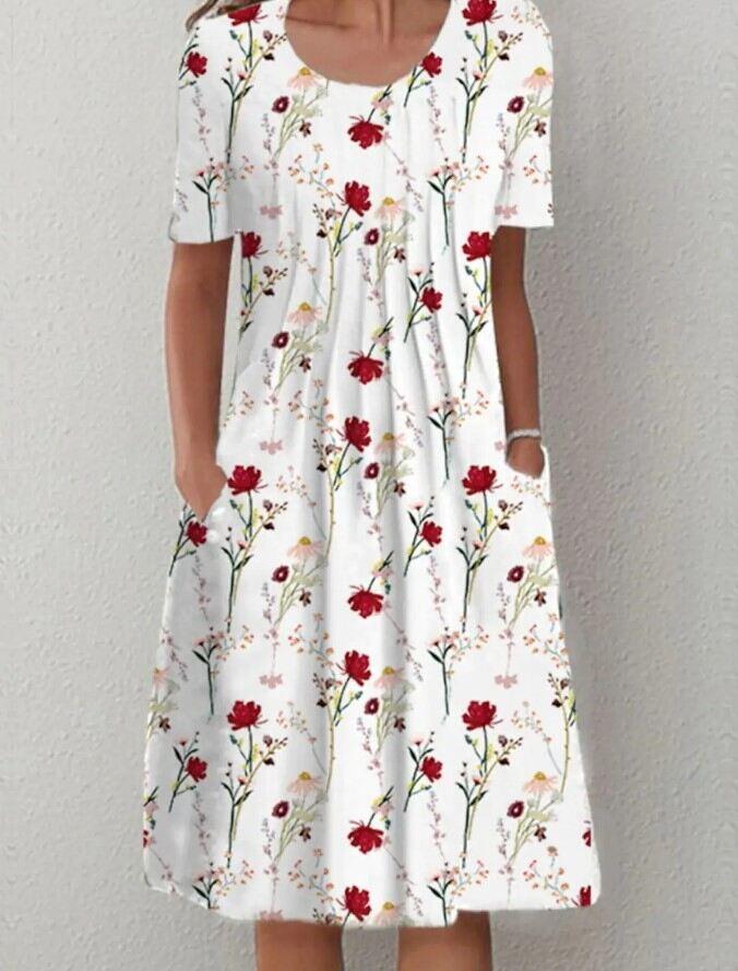 Vestido midi feminino primavera e verão com gola redonda estampado floral e bolso