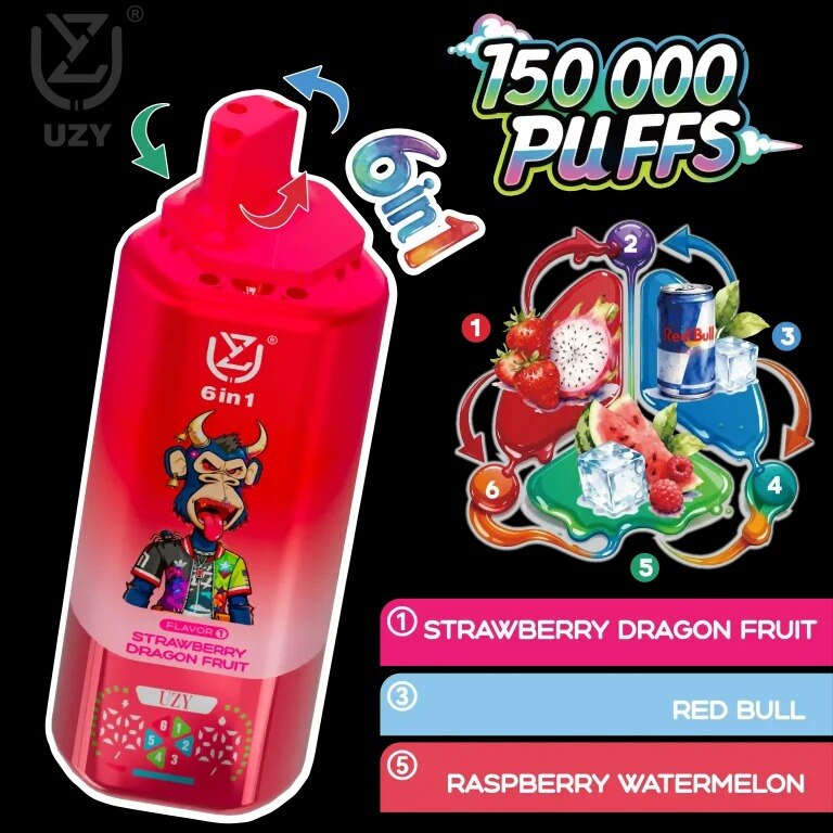 UZY 150 000 Puffs Vape – 6-az-1-ben Kapcsolóval, Kristálytiszta Nagy Kapacitású Eldobható Vape | 0–5% Nikotin, Smak Fusion, LED Kijelző-