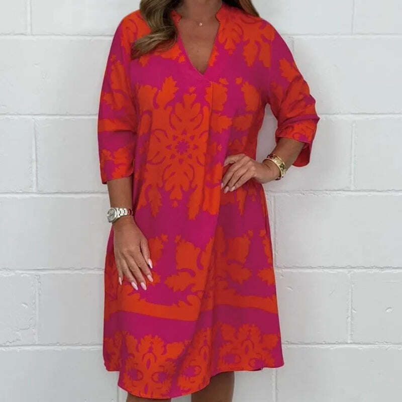 💗Женски модерен печат V-образно деколте 3/4 ръкав рокля
