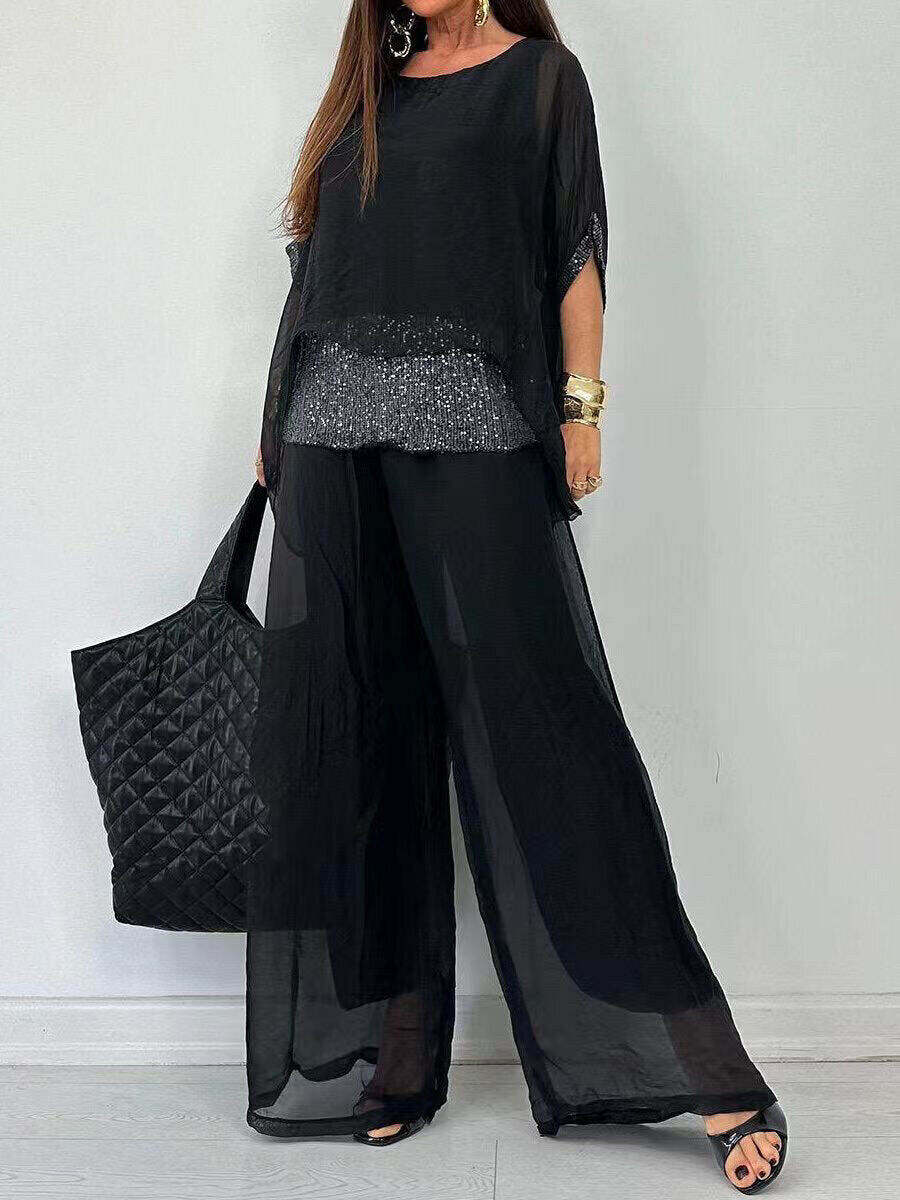 [S-3XL] 2024 novo verão chiffon em torno do pescoço manga curta costurada calças conjunto casual