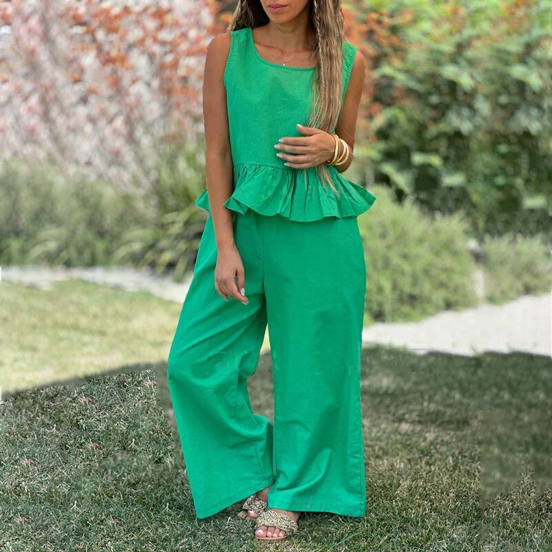 👗Conjunto feminino de duas peças sem mangas de algodão e linho de cor sólida