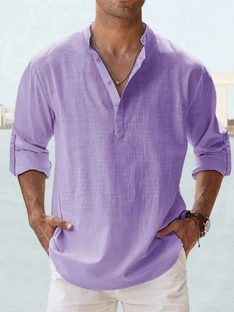 😎CAMISA DE LINHO DE ALGODÃO DE MANGA COMPRIDA MASCULINA ☁️