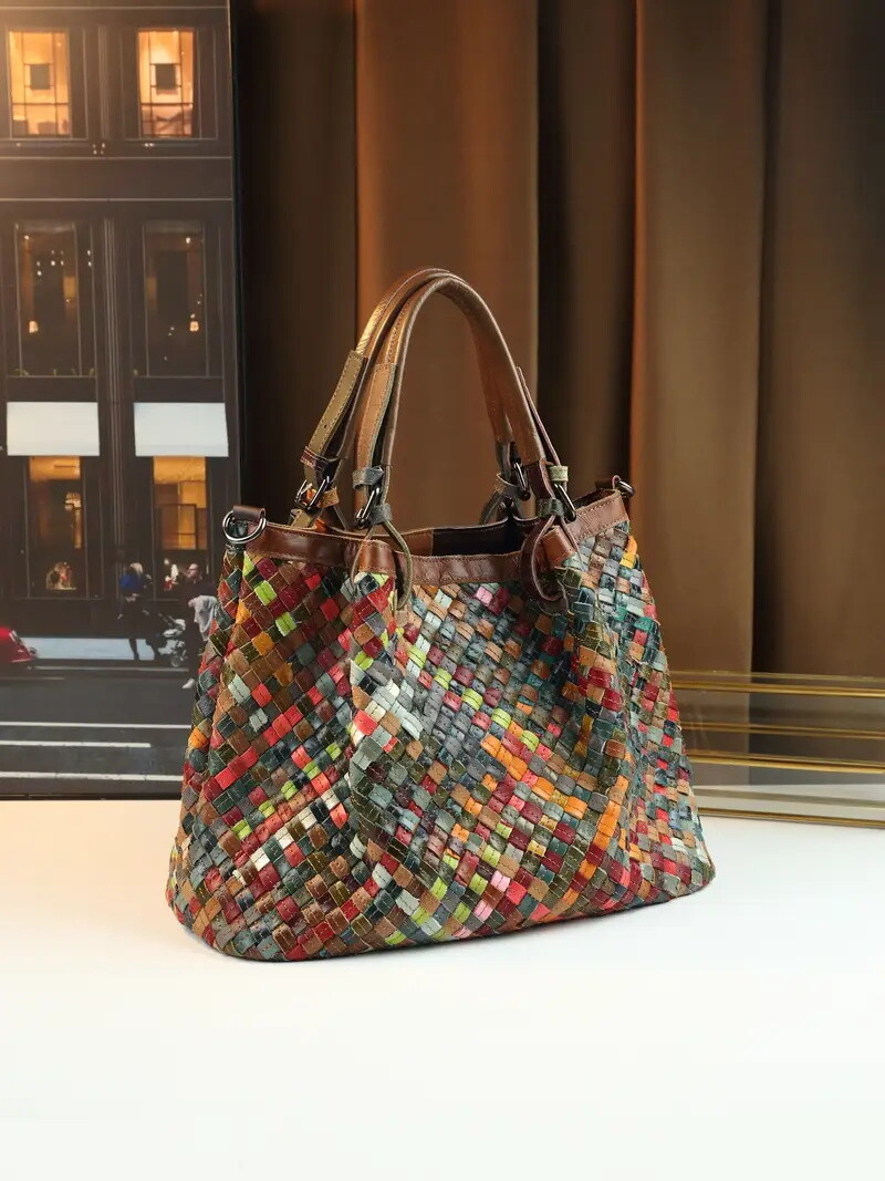 Women's Handbag - Colorful Woven Pattern Genuine Leather Tote with Adjustable Shoulder Strap, Large Capacity Crossbody/Handbag, Grid & Wave Dot Design, Zipper Closure, Rhinestone Accents for Casual & Formal Use,