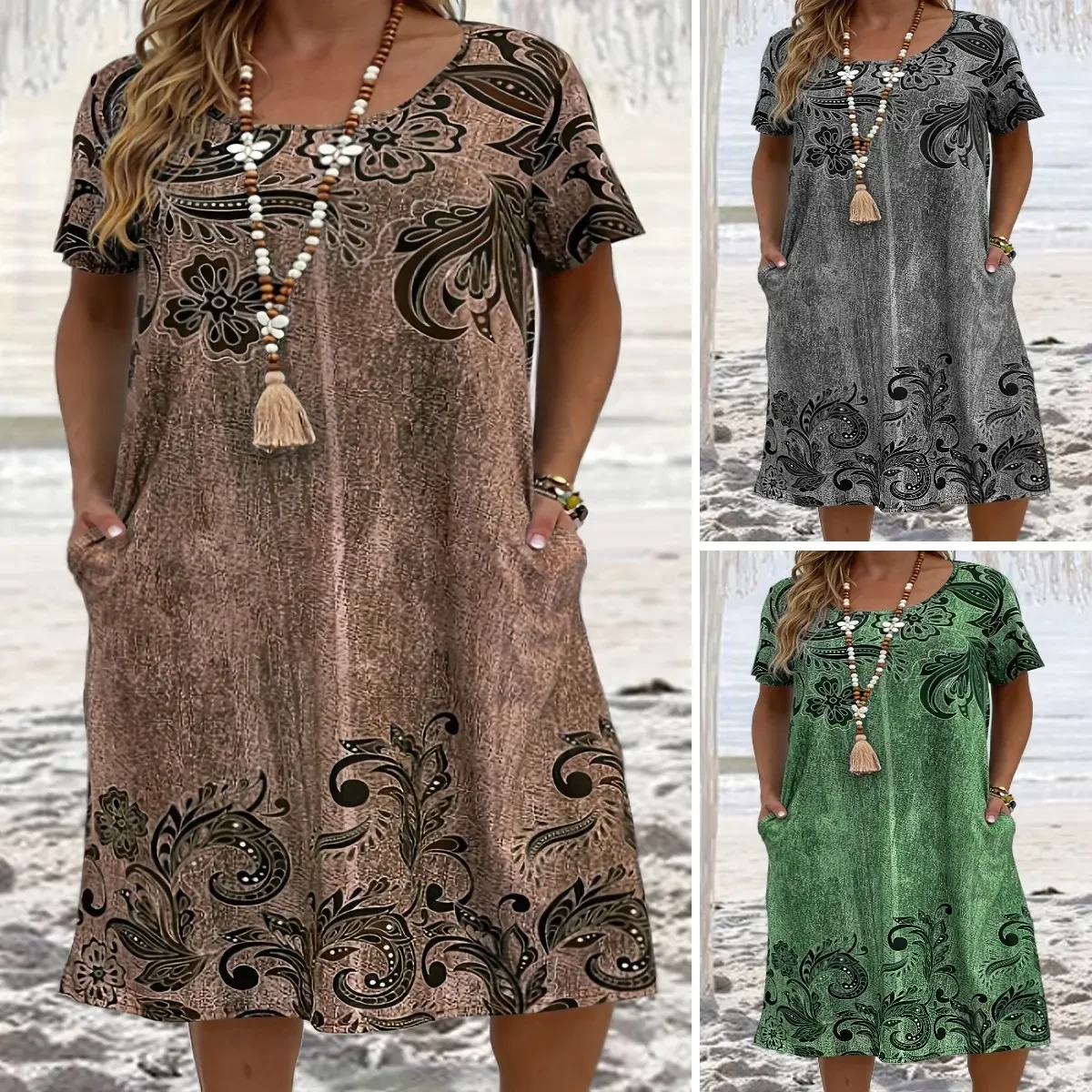 [XL-6XL]2024 novo vestido feminino com bolsos de impressão 3D