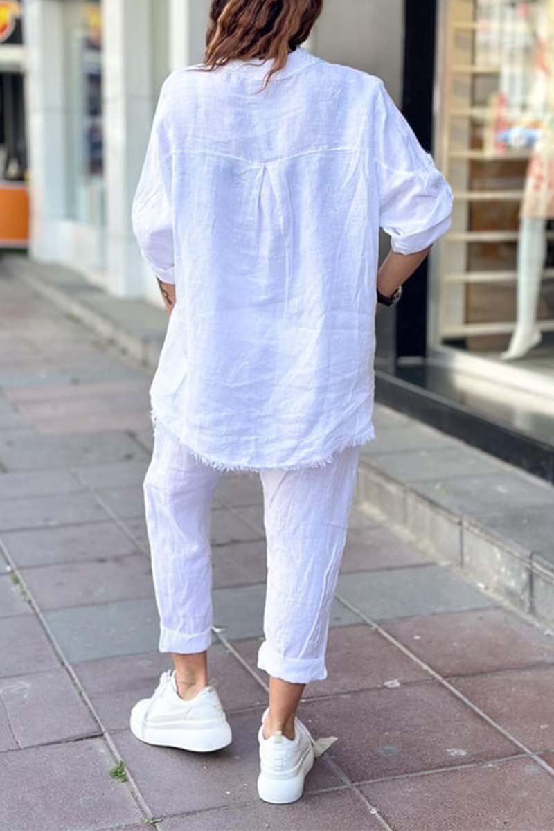 Conjunto blusa + calça dia feminino em algodão e linho
