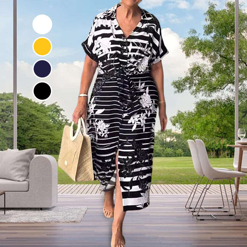 Рокля с къс ръкав с флорален принт и цепка в долната част