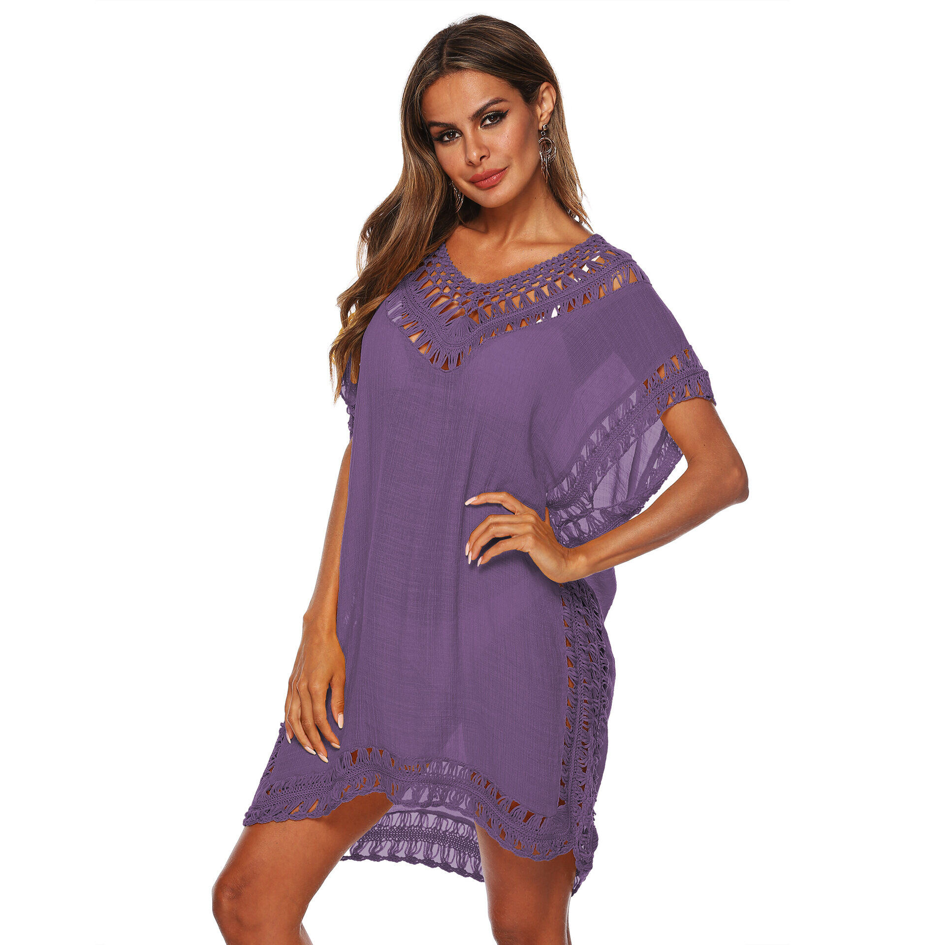 Sexy decote em V patchwork decote em V solto oco vestido de praia