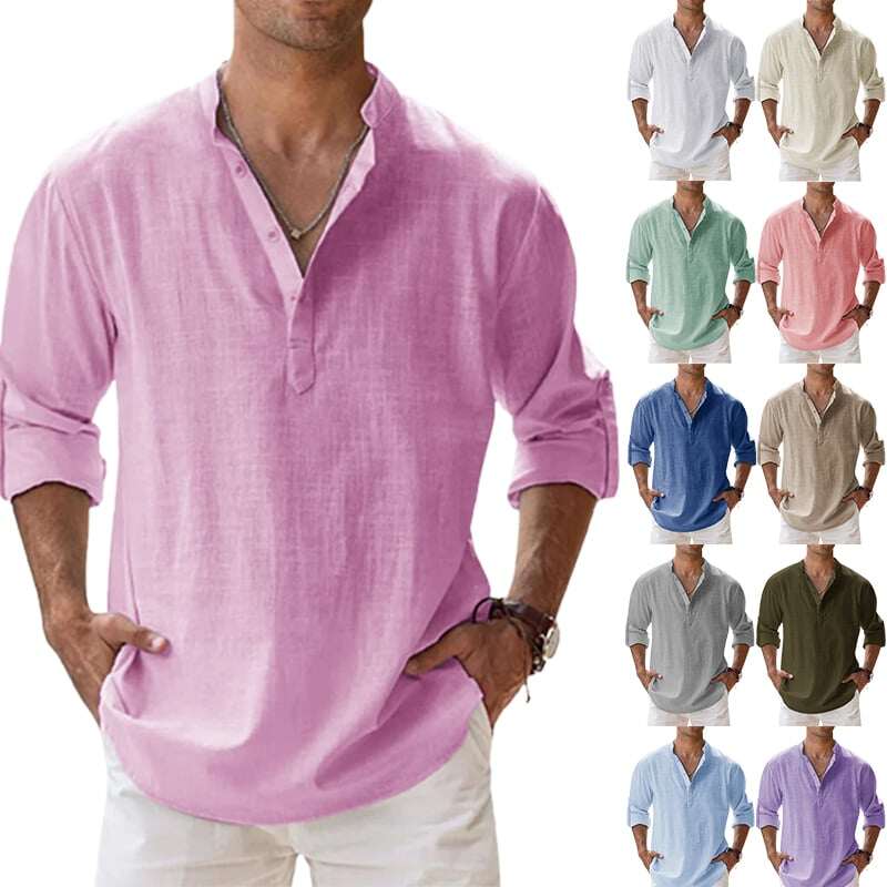 😎CAMISA DE LINHO DE ALGODÃO DE MANGA COMPRIDA MASCULINA ☁️