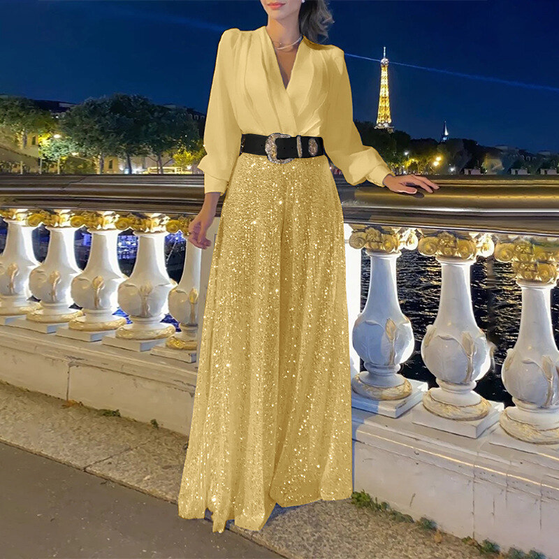 2024 vestidos femininos primavera outono premium decote em v manga comprida elegante cintura lantejoulas vestido francês