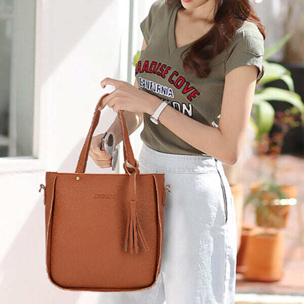 4 unidades de couro PU feminino com borla lazer bolsa crossbody bolsa fixa ex