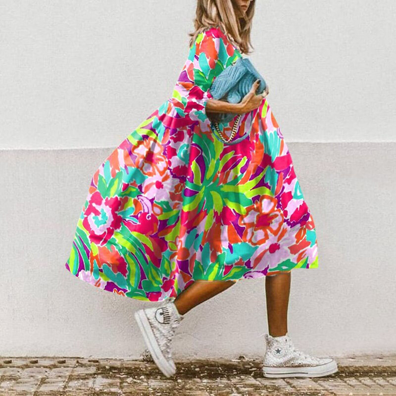 Moda de verão Vestidos de festa com gola O para escritório Vestidos casuais de meia manga Vestido de praia Boho