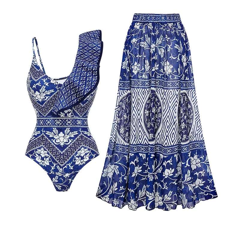 🔥 Summer Glam - V Neck Ruffled Blue Print One Piece Swimsuit Set