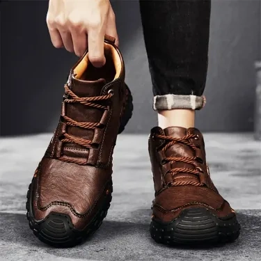 Botas de caminhada masculinas costuradas à mão com cadarço para atividades ao ar livre