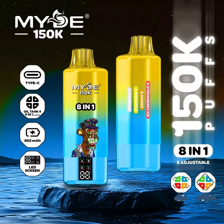 MYDE 8IN1 150000 Puffs disposable vapes Enjoy Strawberry Ice & Blueberry Ice &Grape Ice & Green Apple Ice together