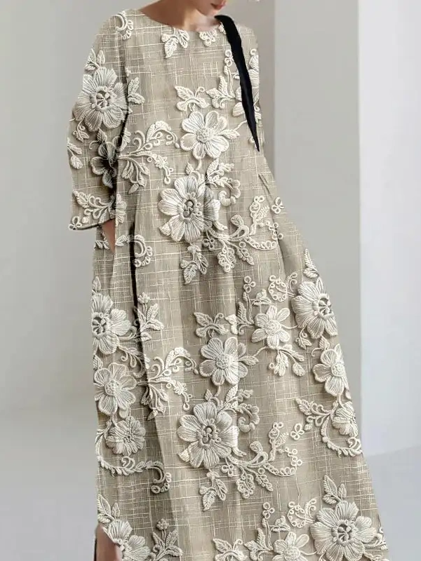Elegant long skirt made of linen blend with embroidered floral lace