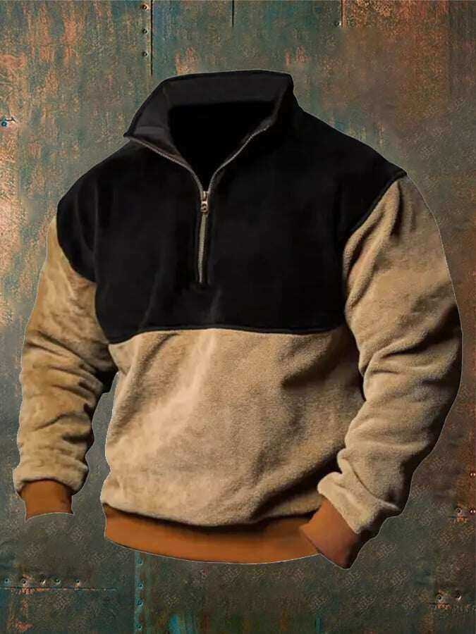 Męska bluza vintage z kołnierzykiem i zachodnim nadrukiem na guzikach