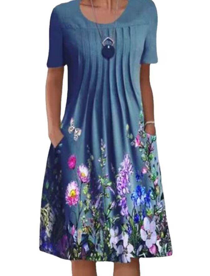 Vestido midi feminino primavera e verão com gola redonda estampado floral e bolso
