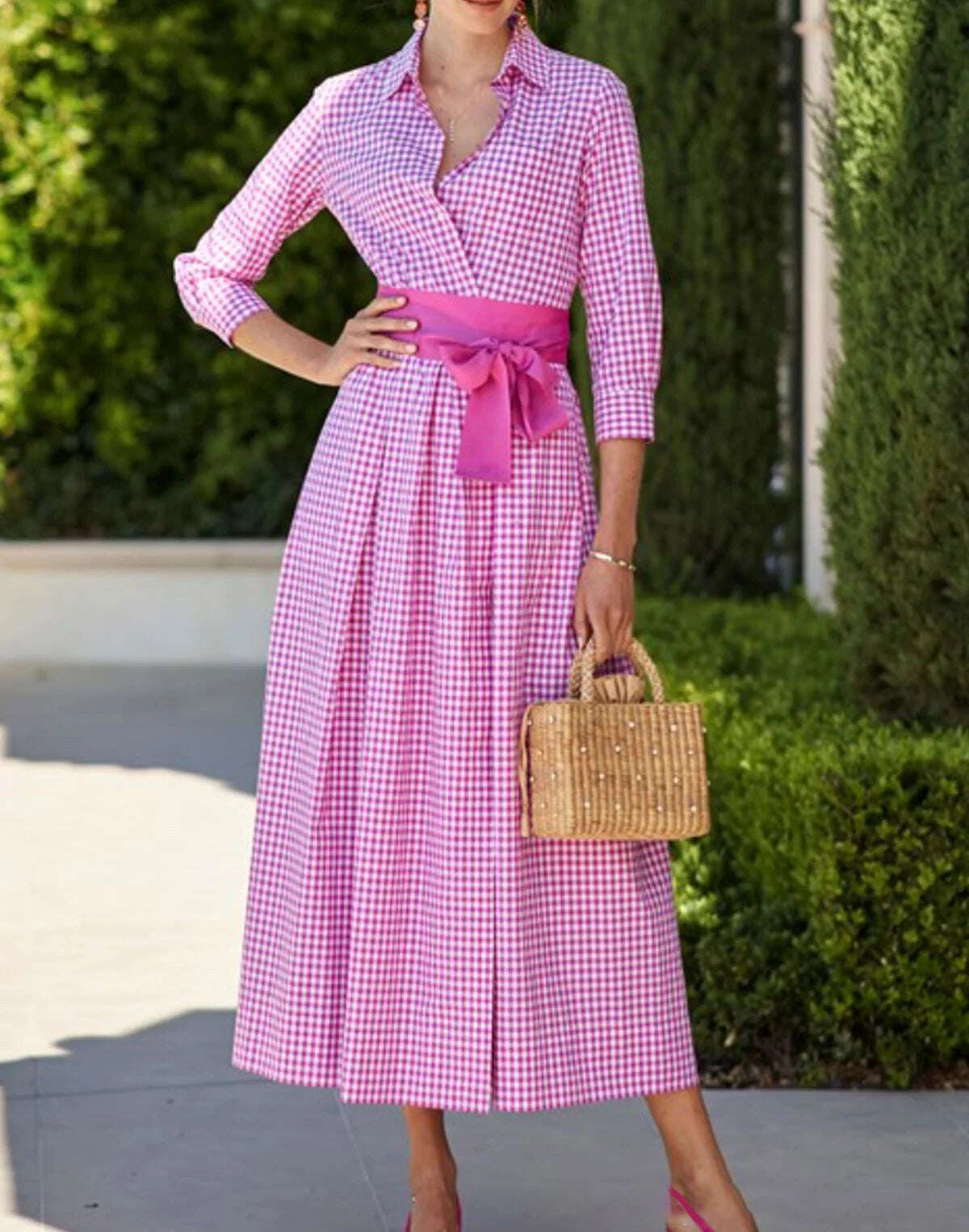 Мода 2022 кариран памук ленена рокля висока талия памук рокля с ревера