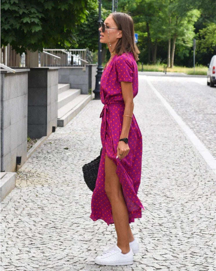 Vestido feminino decote V com fenda, comprimento midi, estampado
