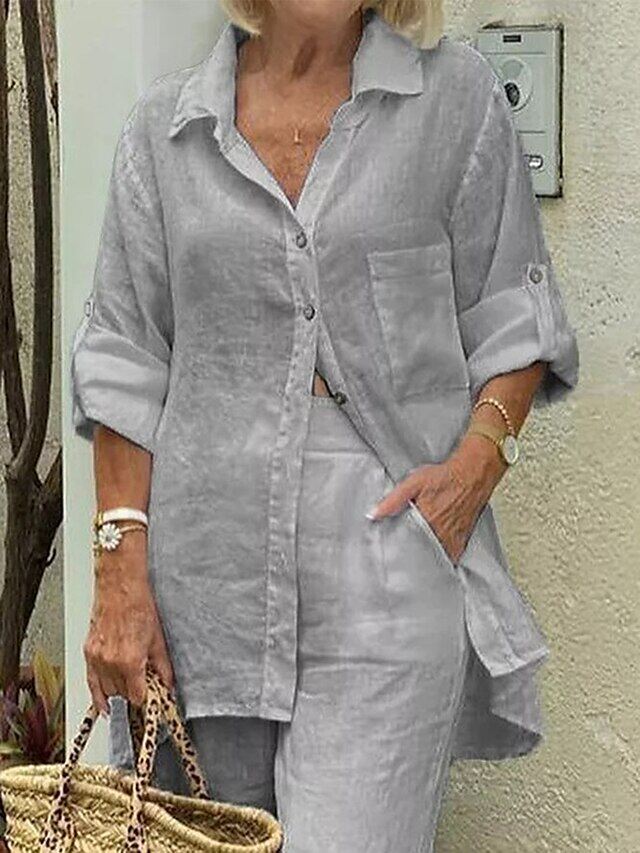 Camisa de lapela de cor sólida, top de algodão e linho e calças S-5XL