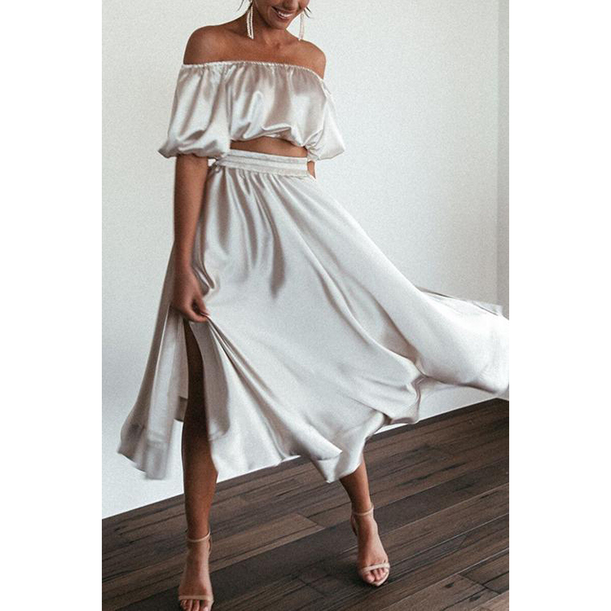 2023 New European and American Satin Off-shoulder Dress Set
