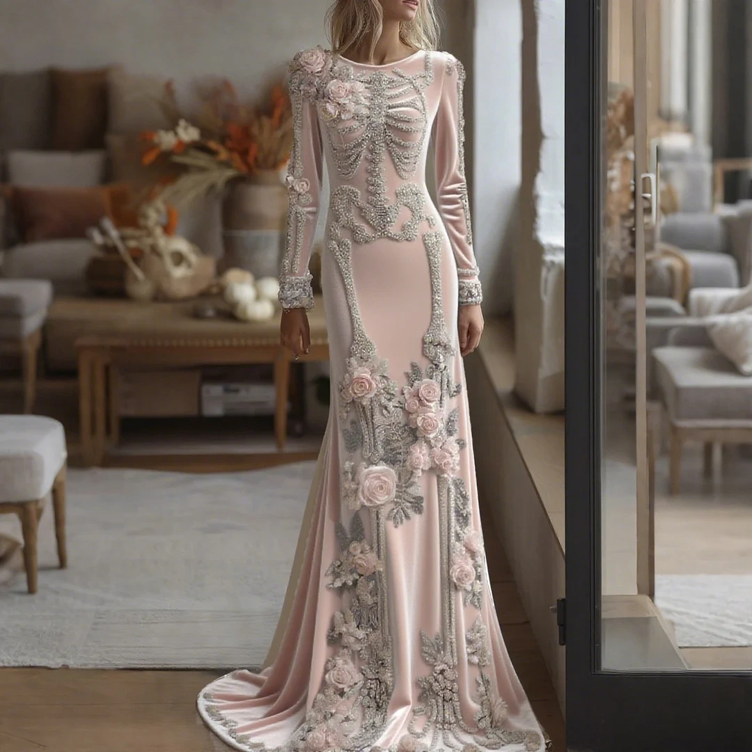 Women's Halloween Dark Gothic Rose Skeleton Velvet Round Neck Maxi Dress