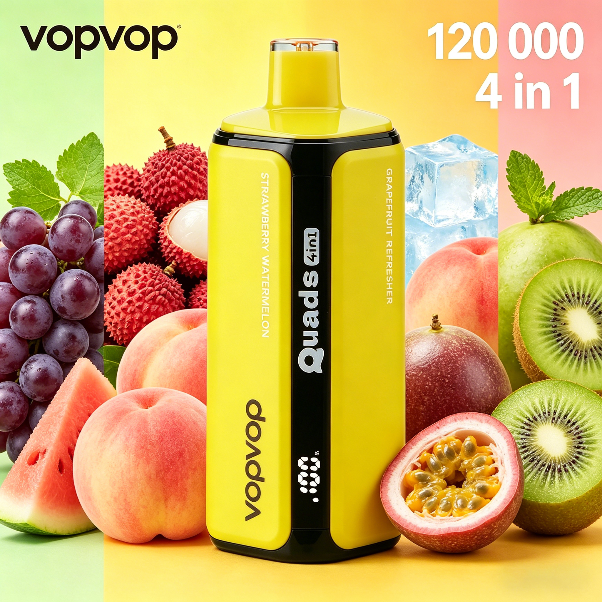 VOPVOP 120K – 120 000 slukkot bír ki | Négy íz egyben | Eldobható elektronikus cigaretta, nikotintartalom 0% / 2% / 5% • 10 íz