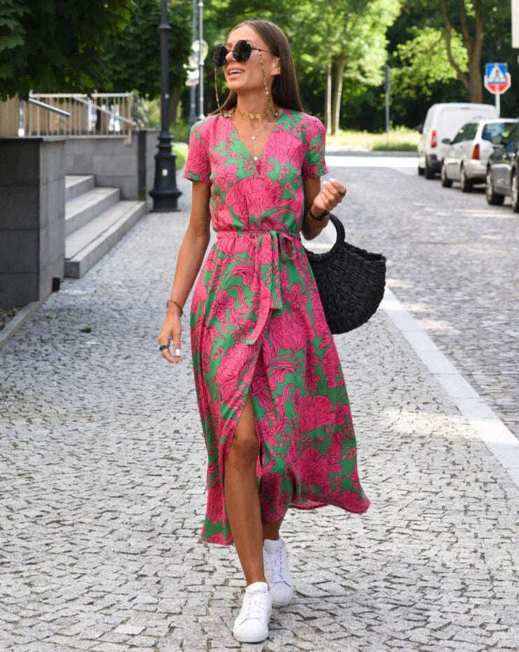 Vestido feminino decote V com fenda, comprimento midi, estampado