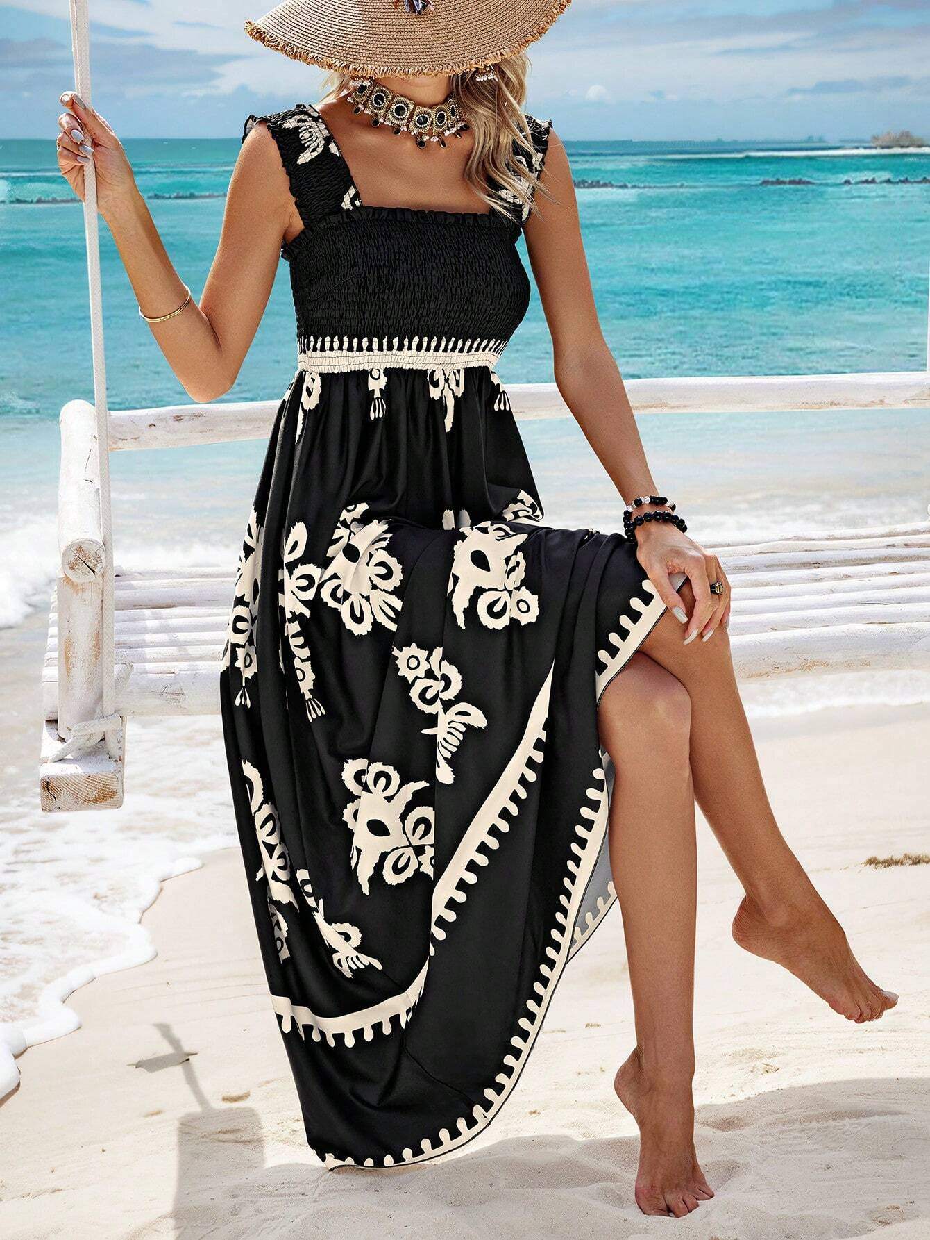 Vestido midi feminino estilo resort estampado com frente cruzada